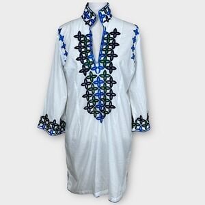 Jude Connally NWT $168 White Tunic Dress Medium Geometric Embroidered Blue Green